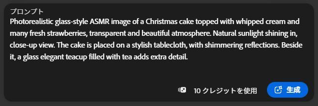 Adobe Fireflyの画面。ガラスのクリスマスケーキの画像を作成するためのプロンプト