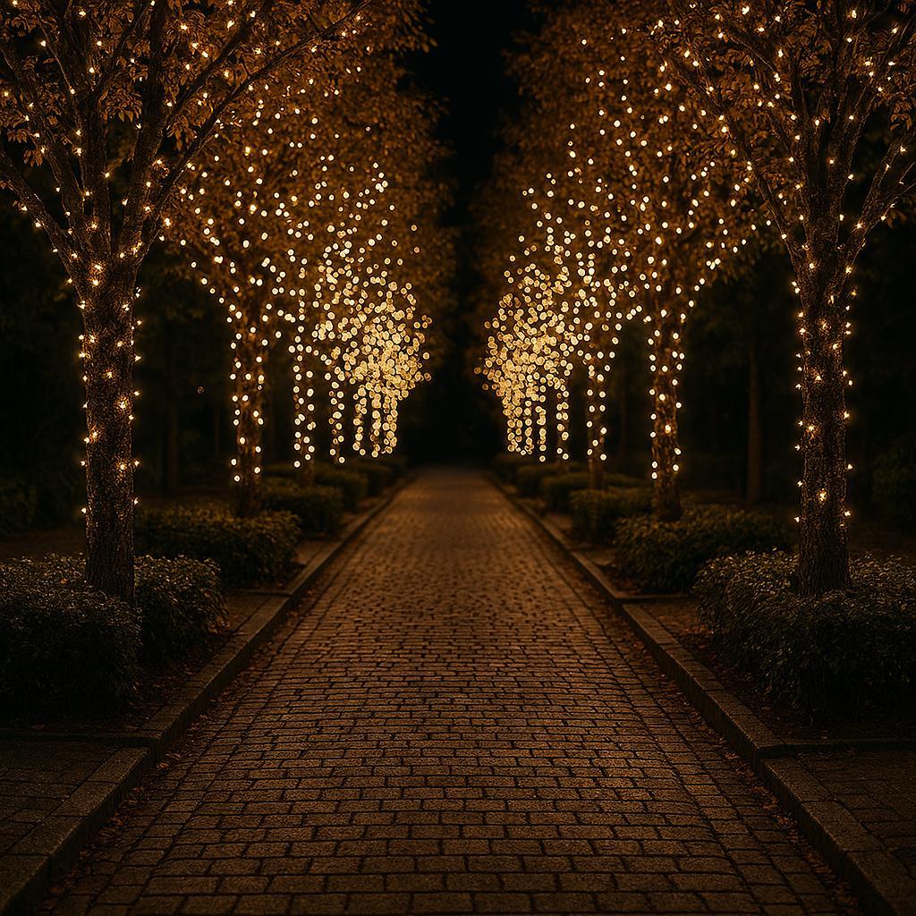 Microsoft 365 Copilotの画面。完成したイルミネーションの画像。暖かい色で美しく輝いている。