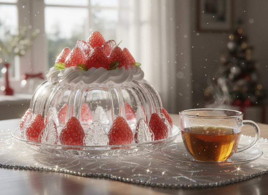 ガラスのクリスマスケーキの画像。クリスマスケーキの隣にはティーカップがある。