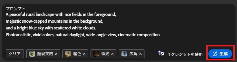 Adobe Fireflyの画面。プロンプトや設定が完了した様子