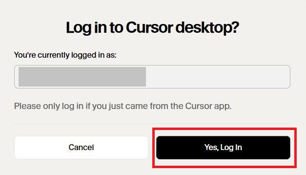 ブラウザのCursorの画面。デスクトップアプリにログインするかどうか選択する画面。