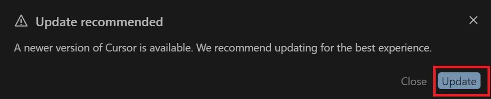 Cursorのデスクトップアプリ画面。アップデートが要求される様子。