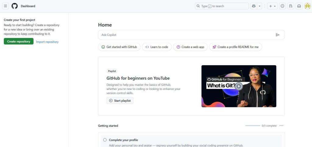 GitHubの画面。GitHubにログイン後の画面。