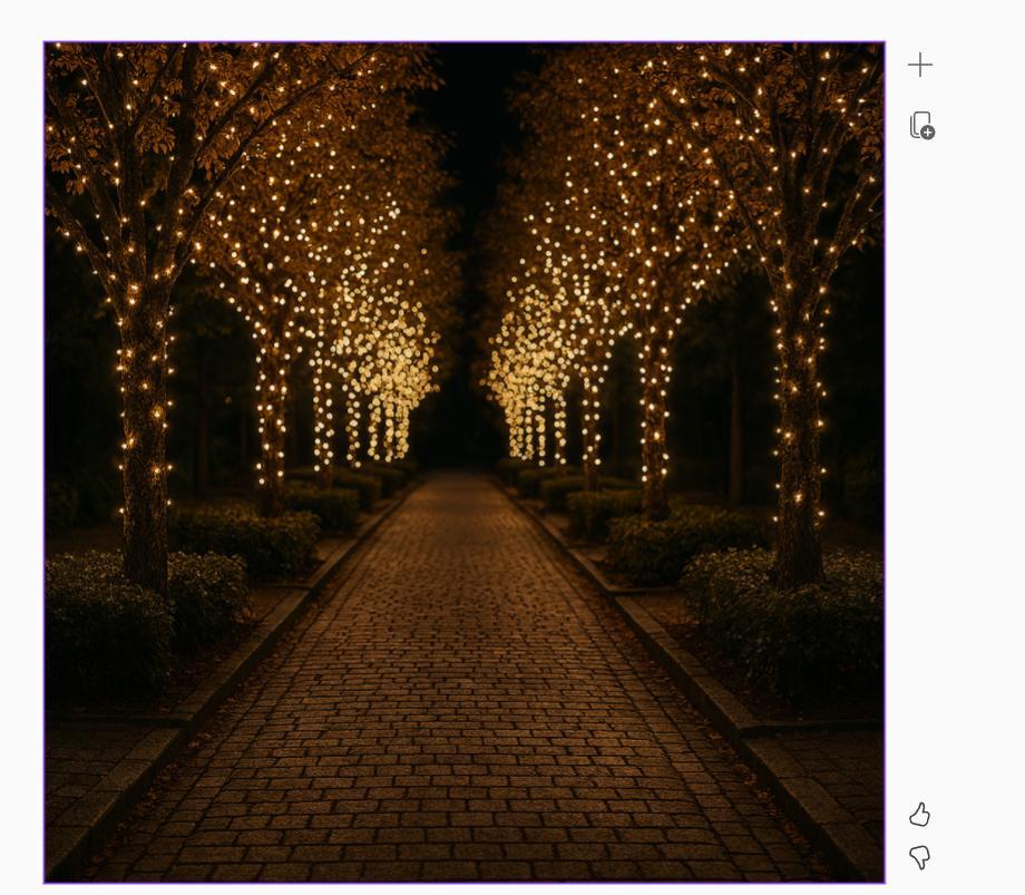 Microsoft 365 Copilotの画面。レンガ造りの通りのイルミネーション画像が完成した様子。