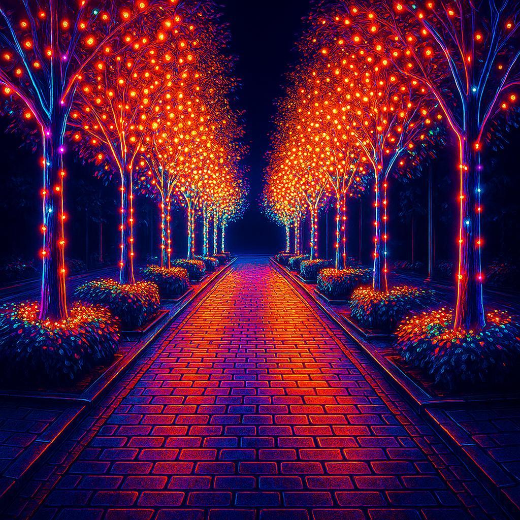 Microsoft 365 Copilotの画面。変更後の画像。レンガ造りのおしゃれな通りの両脇に赤色と青色のイルミネーションが輝いている画像。