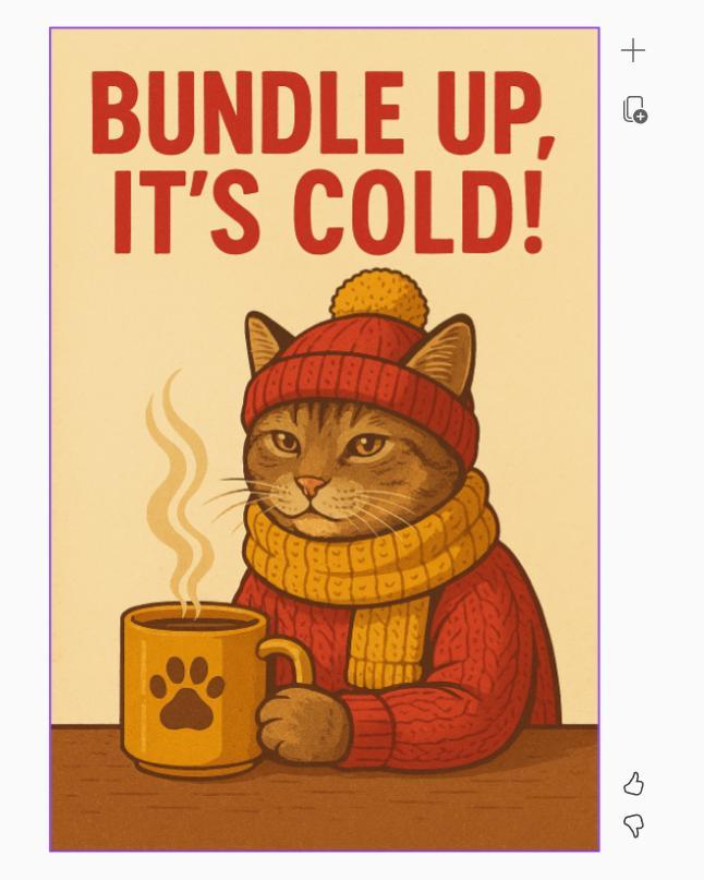 Microsoft 365 Copilotアプリの画面。完成したポスターの画面。猫ちゃんが毛糸でできた服を着ていて、暖かそう。マグカップには肉球のマークが描かれている。