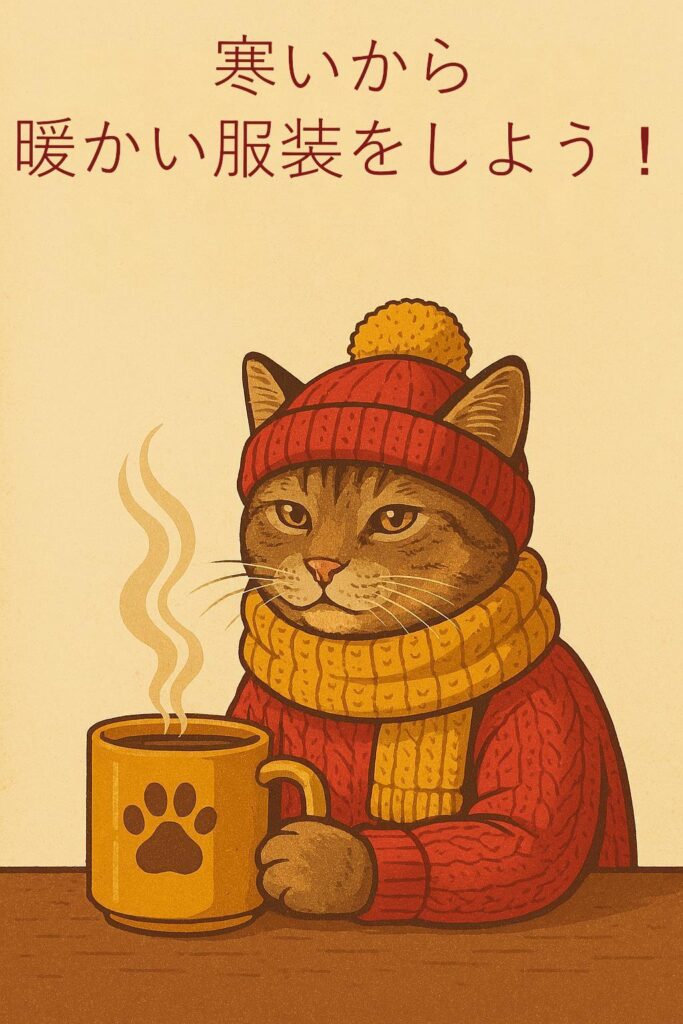 Microsoft 365 Premiumの画面。完成したポスターの写真。日本語で、寒いから暖かい服装をしようと書いている。猫ちゃんが暖かい服装をして、マグカップを持っている。マグカップには肉球のマークがある。