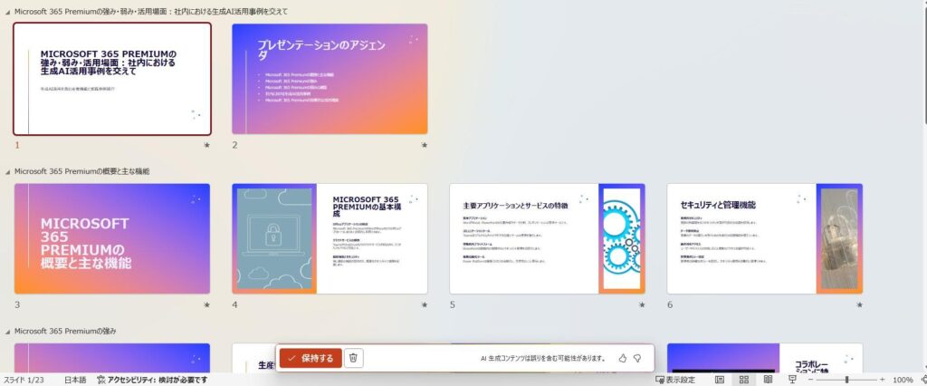 PowerPointの画面。デザインを含めて完成したスライドの様子。一覧で表示されている。