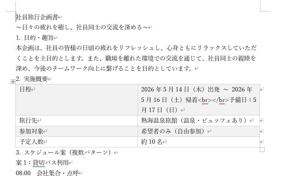 Wordの画面。社員旅行の企画書の文書。置き換えボタンを押した後の様子。水色の表示が消えて、文書が完成。