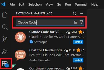 VS Codeの画面。Claude Codeの拡張機能を検索している様子。