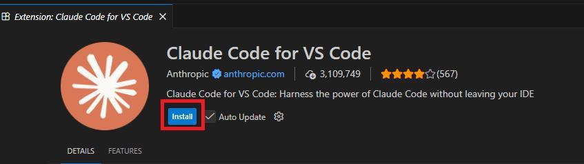 VS Codeの画面。Claude Code for VS Codeのインストールボタンを押している様子。
