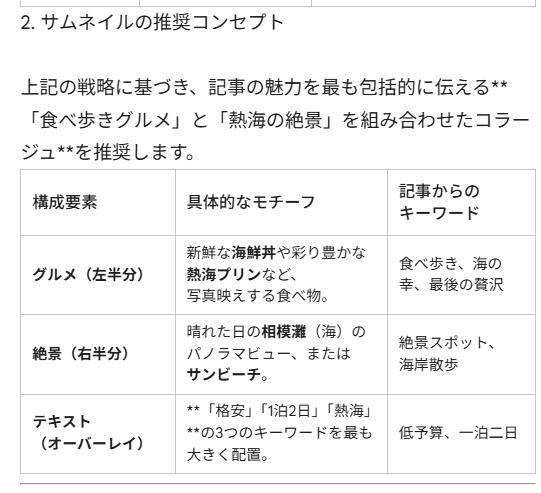 Googleドキュメントの画面。Geminiの回答。SEO対策に有効かつアクセス数が増えるサムネイル画像についての回答２。構成が書いてある。
