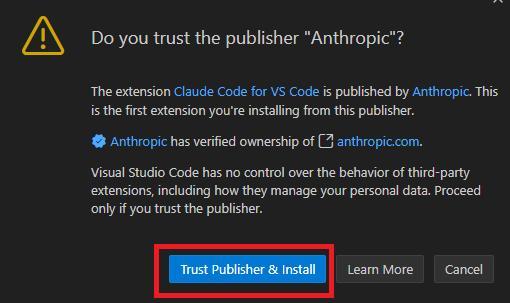 VS Codeの画面。Anthropicを信頼するかどうかの画面。