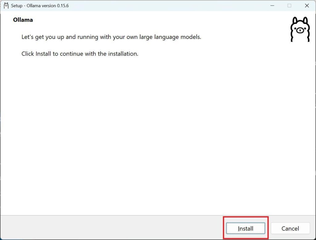 Ollamaの画面。インストールボタンを押している様子。