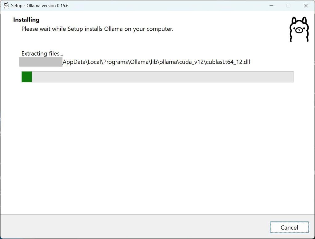 Ollamaの画面。インストールしている様子。