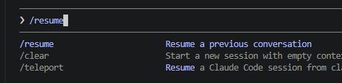 /resumeコマンドを入力している様子。